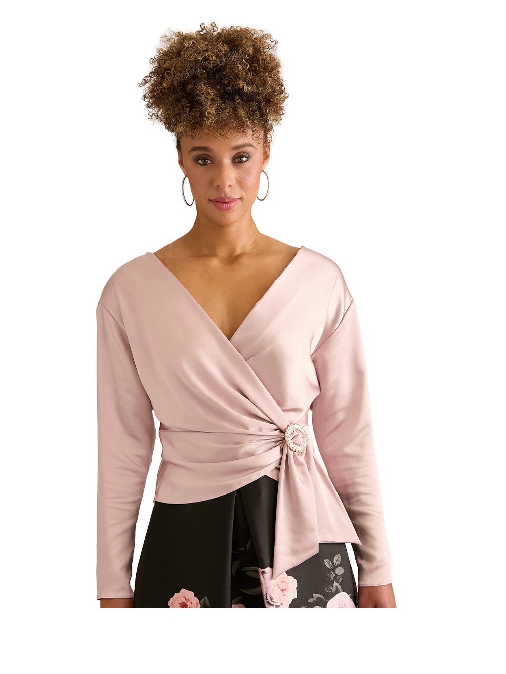 Muse Blush Pink Satin-Effect Wrap Blouse with Side Knot-New With Tags